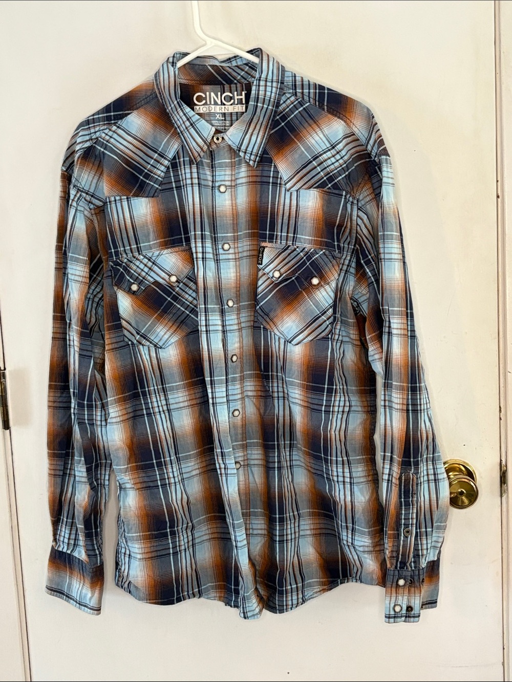 Cinch blue orange plaid long sleeve button down western style shirt Size XL